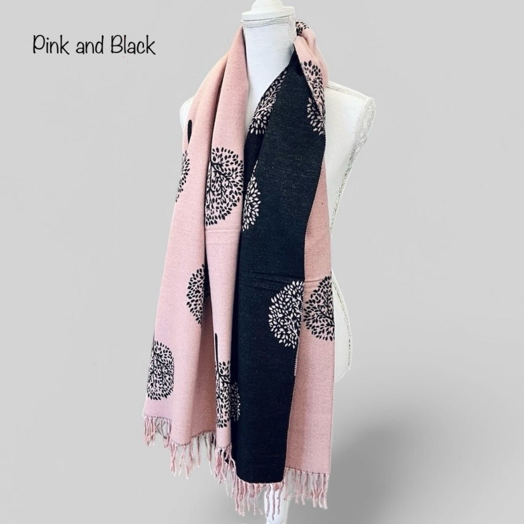 Gift Boxed Cashmere Blend Tree Of Life Pink and Black Scarf