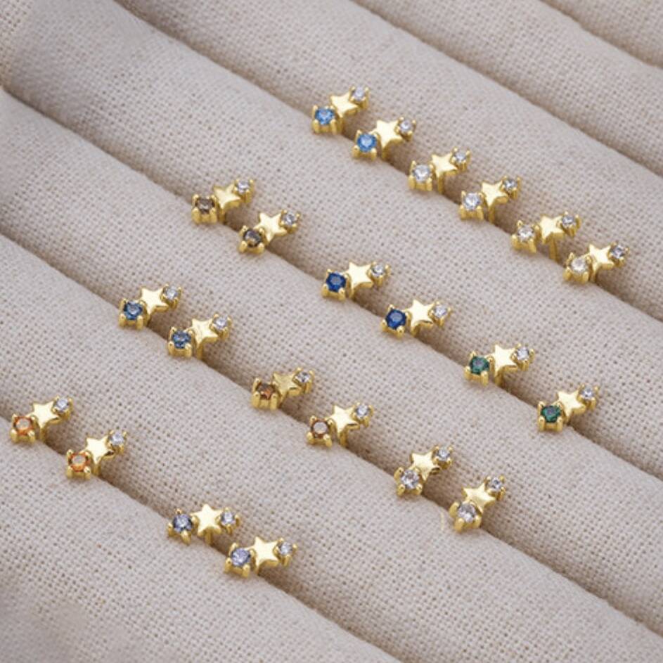 Birthday Birthstone Crystal Gold Plated Star Stud Earrings