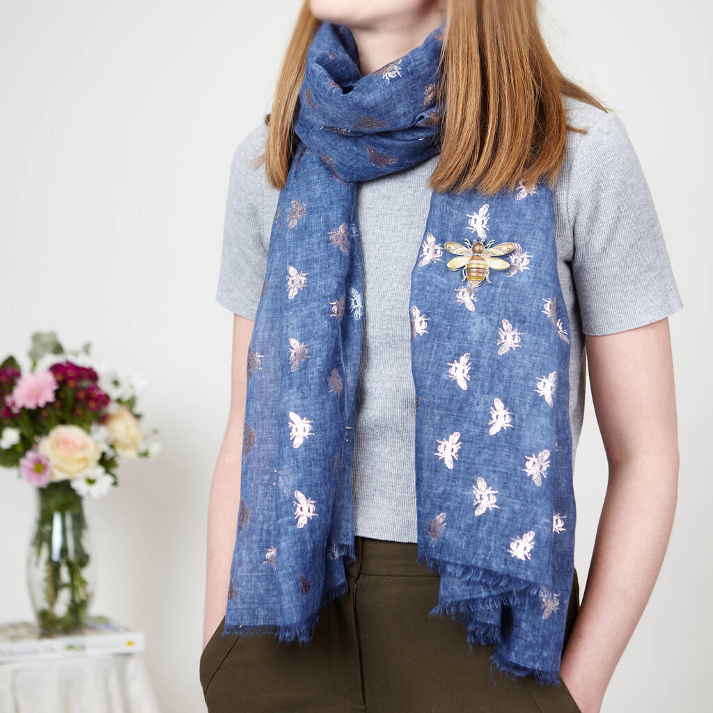 Friendship Bee Print Scarf And Brooch Set