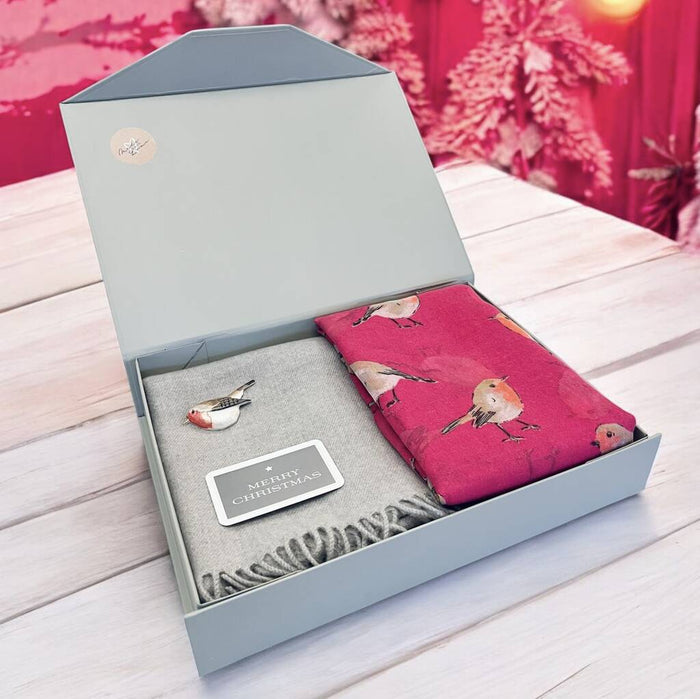 Gift Boxed Cashmere Blend And Fuchsia Robin Scarf Set