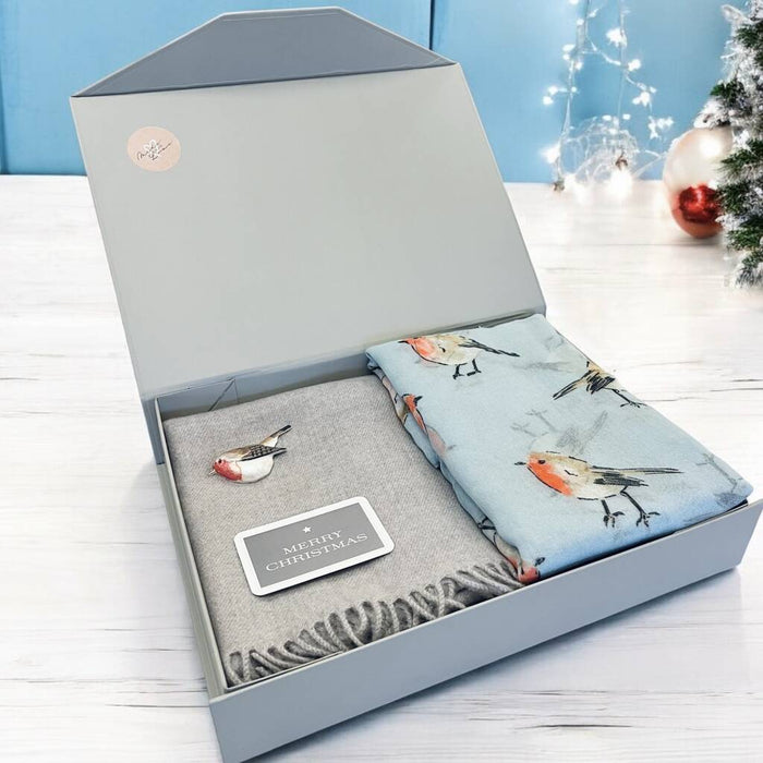 Gift Boxed Cashmere Blend And Sky Blue Robin Scarf Set