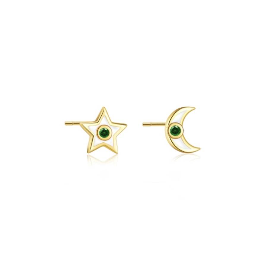 Gold Plated Colourful Star And Moon Stud Earrings