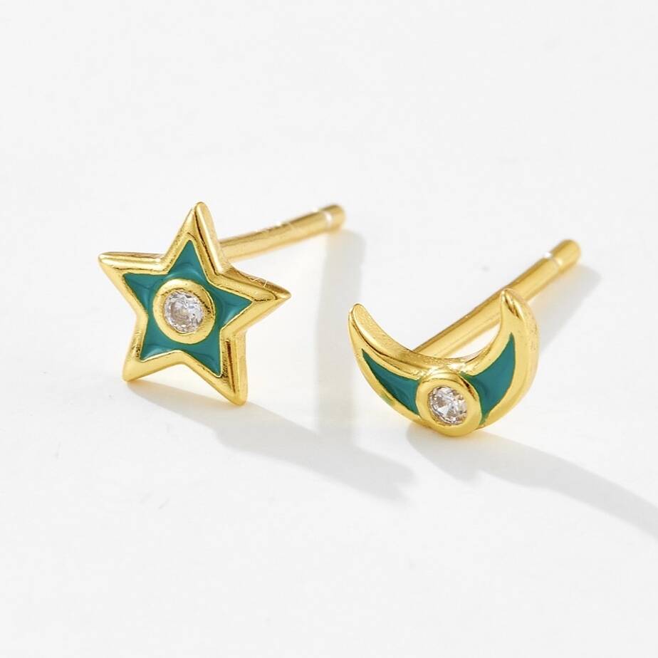 Gold Plated Colourful Star And Moon Stud Earrings