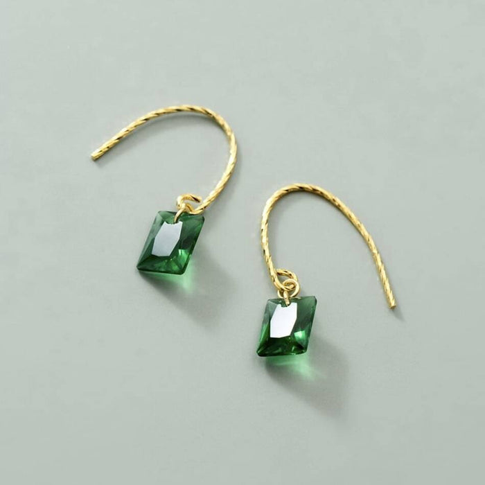 Gold Plated Sterling Geometric Green Crystal Hook Earrings