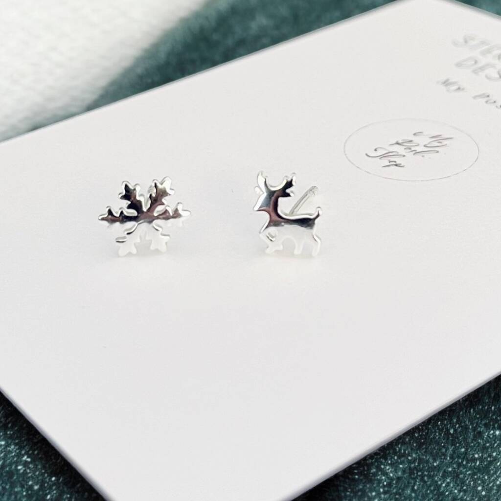 Merry Little Christmas Reindeer And Snowflake Sterling Silver Earrings