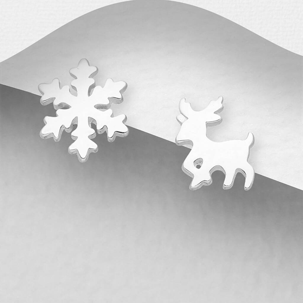 Merry Little Christmas Reindeer And Snowflake Sterling Silver Earrings