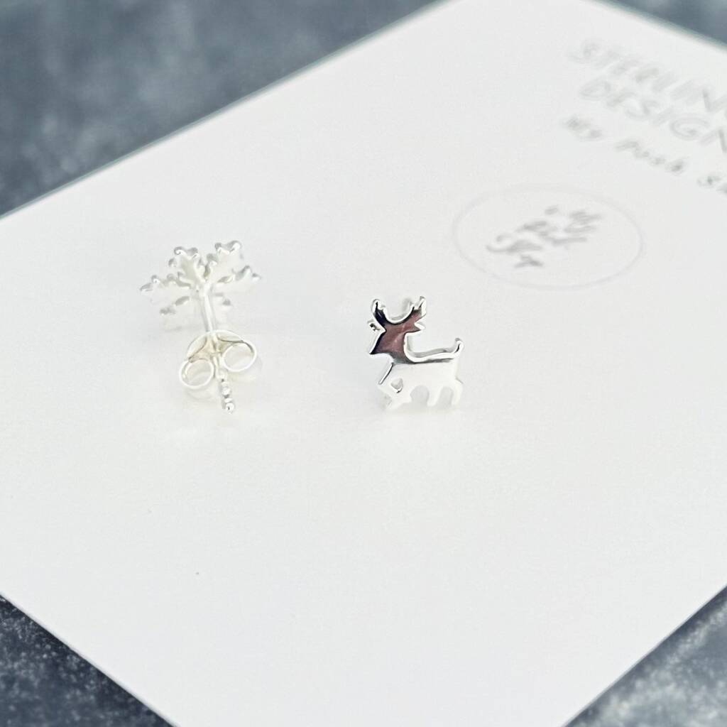 Merry Little Christmas Reindeer And Snowflake Sterling Silver Earrings