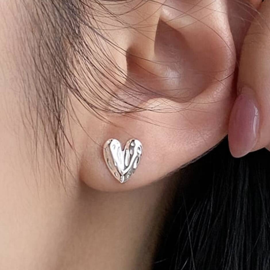 Sterling Silver Hammered Heart Stud Earrings