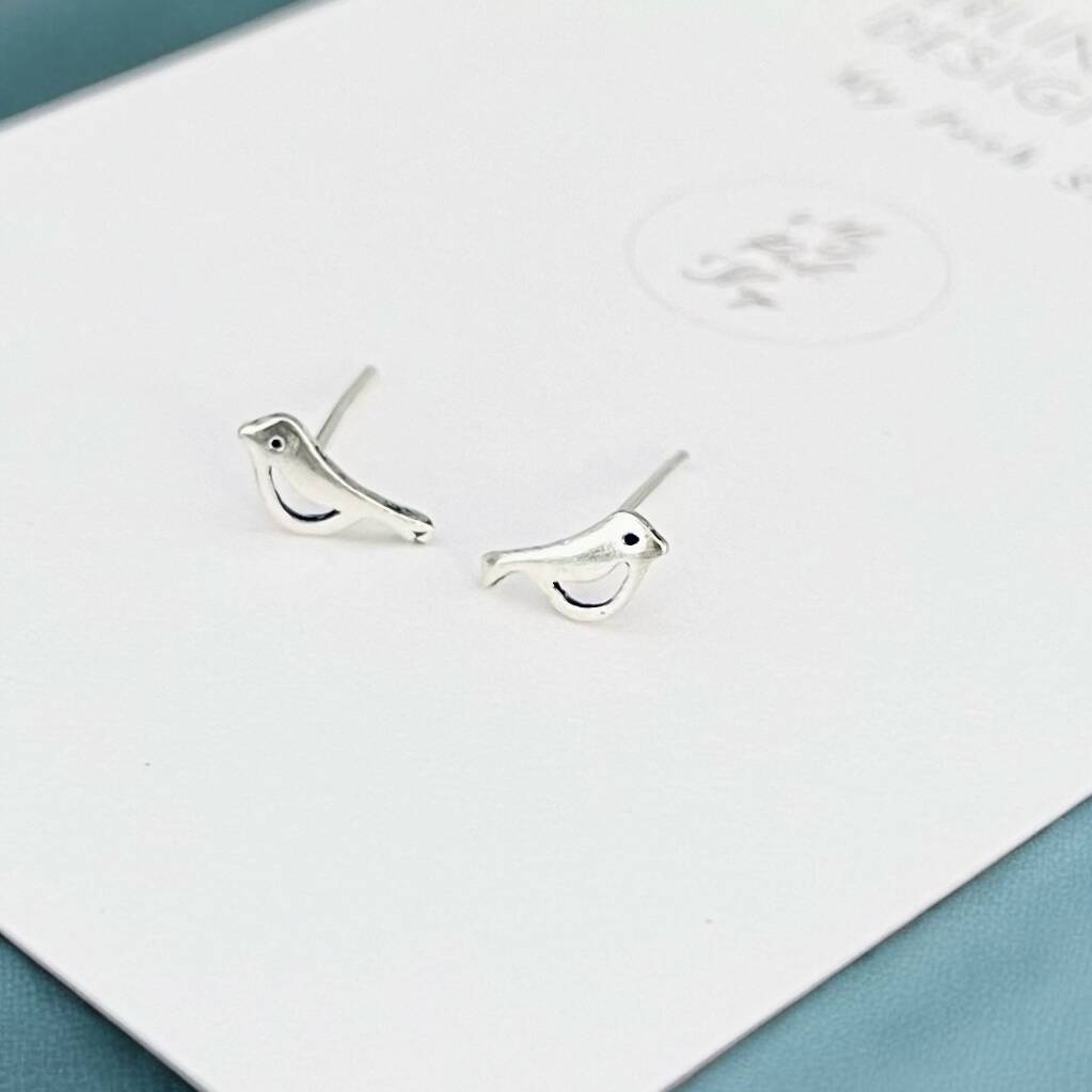 Sterling Silver Robin Bird Stud Earrings